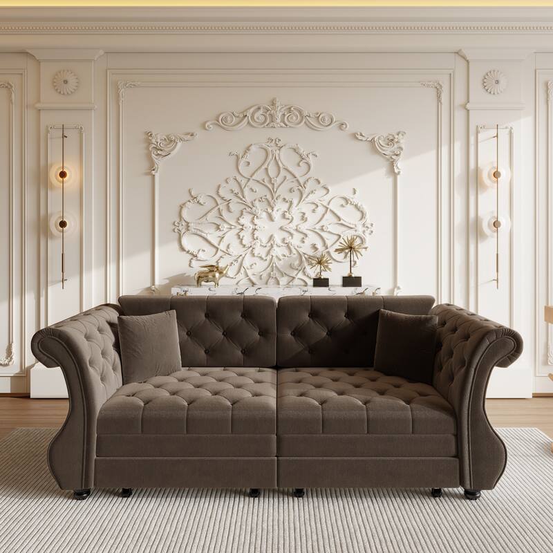 83.8" Chesterfield Velvet Pull-Out Sofa Bed, Classic Roll Arm Sleeper Couch with Elegant Flower Tufting