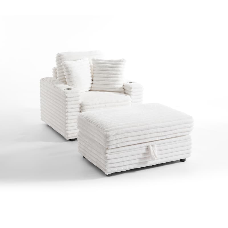 Oversized Cotton Flannel Chaise Longue with Storage Ottoman
