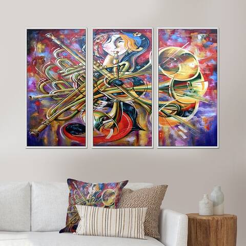 Designart "Abstract Multicolored Music Impression" Bohemian & Eclectic Framed Wall Art Set of 3 - 4 Colors of Frames