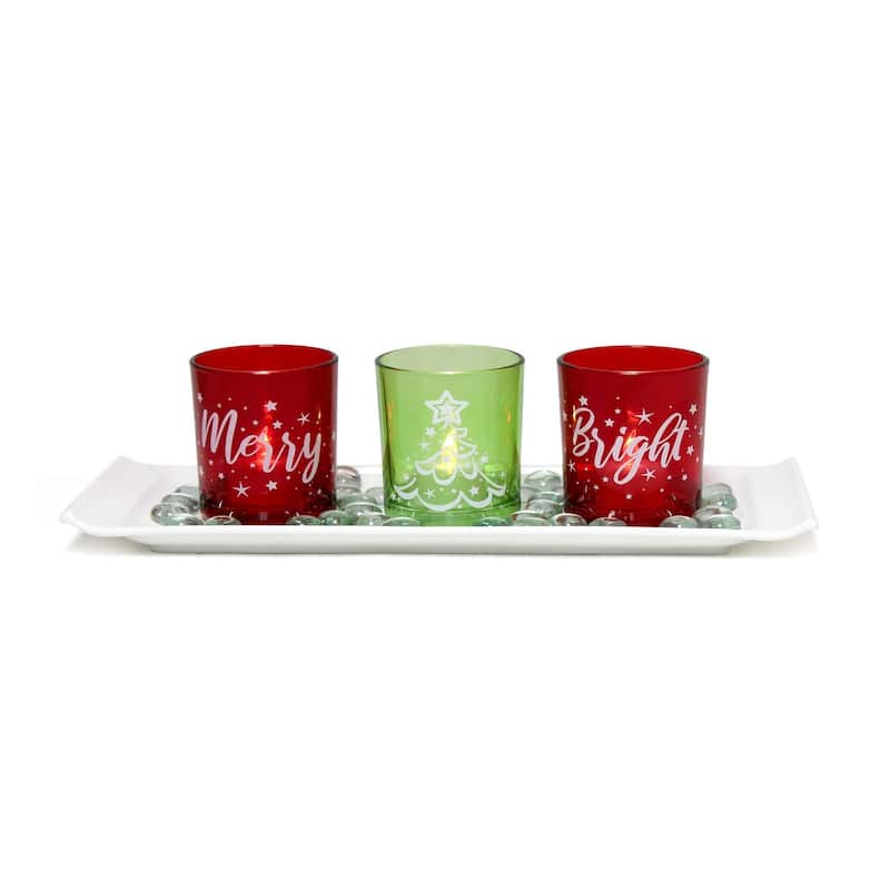 5-Piece Christmas Theme Candle Holder Display Set 14" White and Red