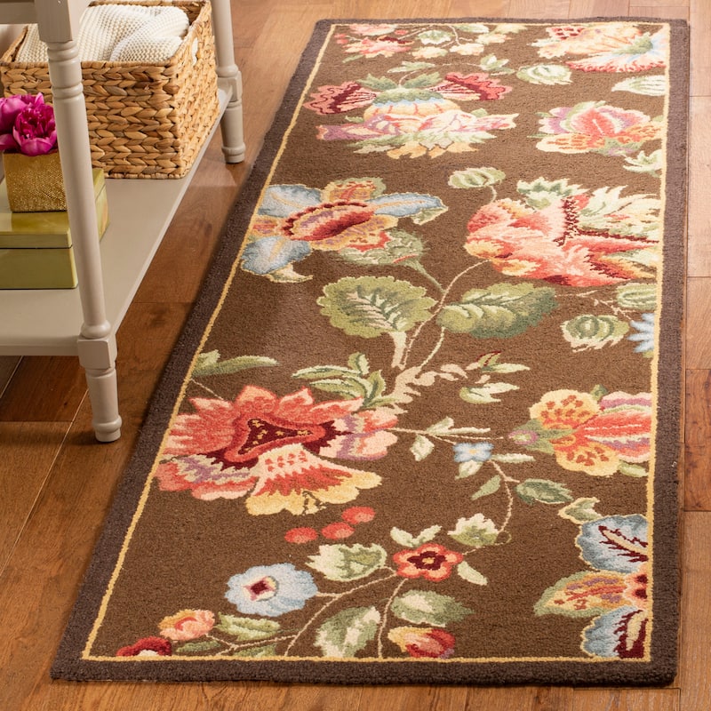 SAFAVIEH, Handmade Chelsea Jurendine French Country Floral Wool Rug - 2'6" x 12' Runner - Brown