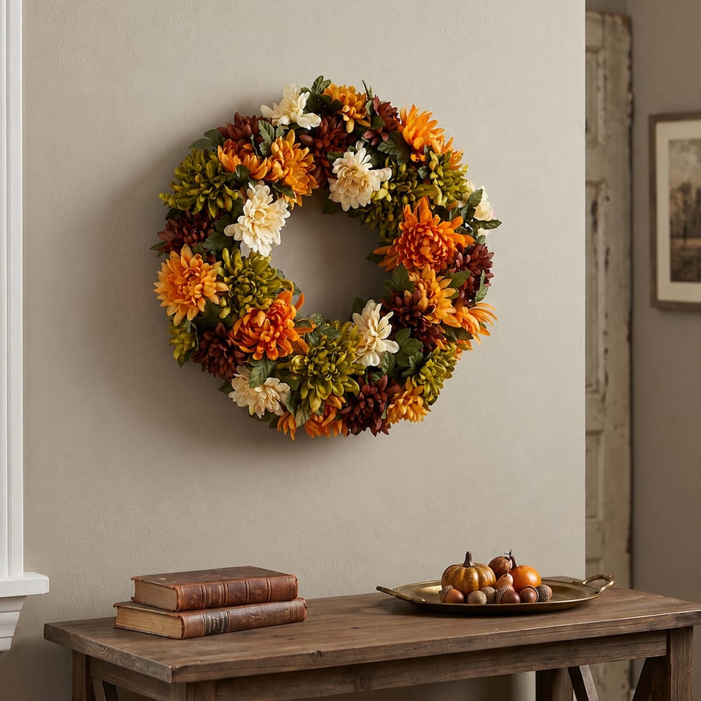 Autumn Orange Green Chrysanthemum Artificial Thanksgiving Wreath 19.5"