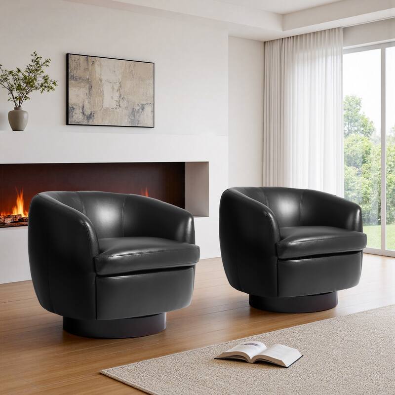PU Upholstered Swivel Barrel Accent Chair With Wood Base (Set of 2)