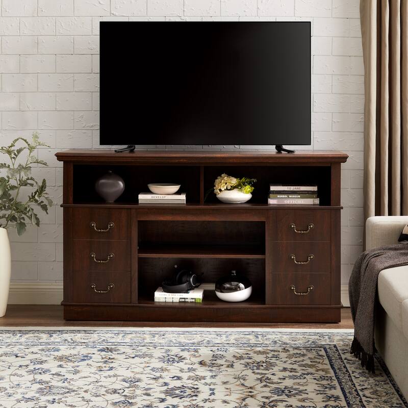 Rustic TV Stand with Cabinets & Open Shelves - Entertainment Console for TV up to 65" - Espresso