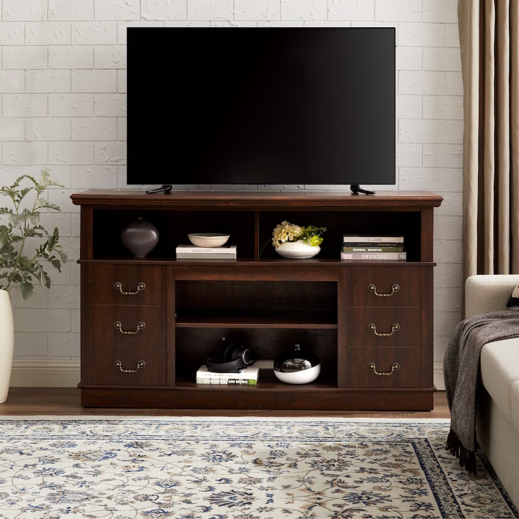 Traditional TV Stand Media Console with Cabinets & Open Storage for TVs up to 65", Rustic Espresso