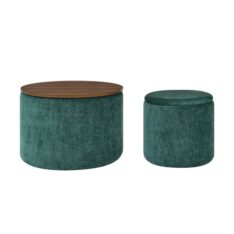 Roomfitters 2-Piece Round Chenille Storage Ottoman Set with Drum-Shaped Stool and MDF Top, Hidden Compartment