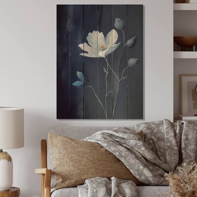 Designart 'Single White Blooming Wildflower On Retro Blue IV' Floral Wood Wall Art - Natural Pine Wood