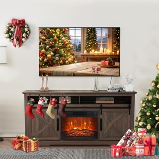68" Farmhouse Dark Brown Electric Fireplace TV Stands Console for 78-inch TV with Remote