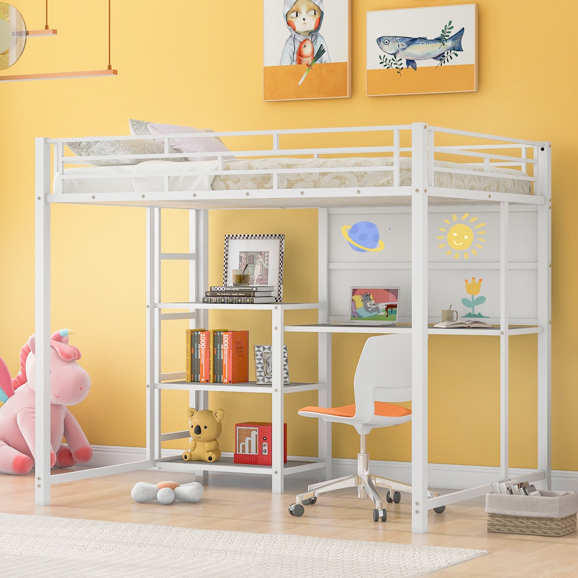 Full Size Metal Loft Bed with Desk and Whiteboard 3 Shelves