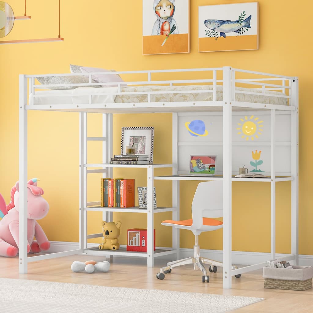 Metal Loft Bed with Desk, Whiteboard, Shelves, and Ladder