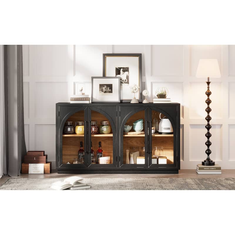 4-Door Large Storage Buffet Cabinet with Glass Doors and Adjustable Shelves