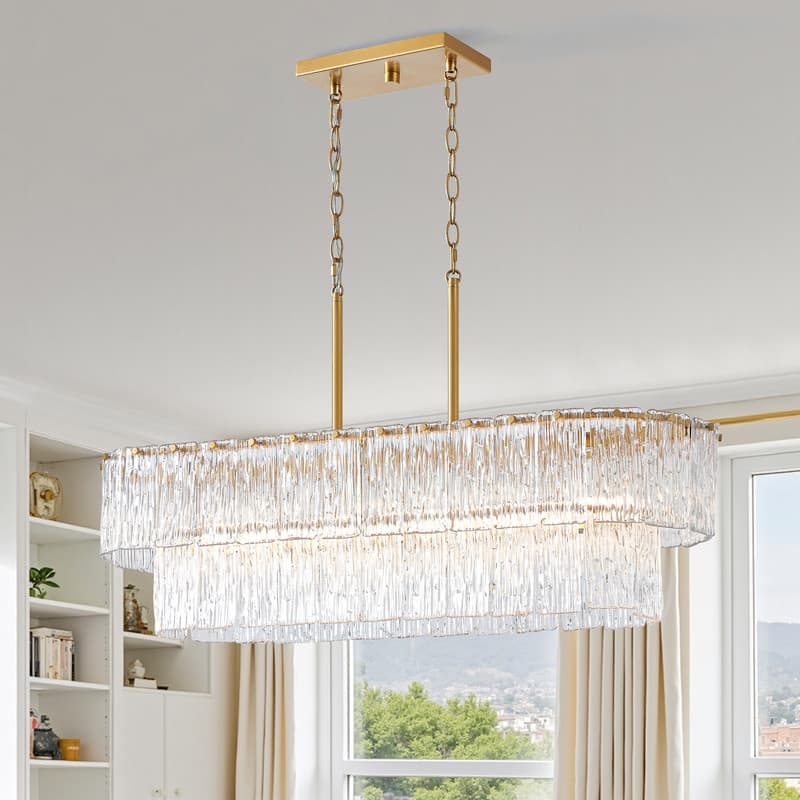 KAWOTI 6-light Tired Glass Pendant Chandelier Gold - W37.38" x E11.75" x H19.5" (Max H60") - W37.38" x E11.75" x H19.5" (Max H60")