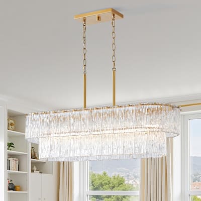 KAWOTI 6-light Tired Glass Pendant Chandelier Gold - W37.38" x E11.75" x H19.5" (Max H60")