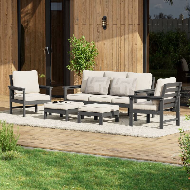 All-weather HIPS Outdoor Sofa Set with Detachable Cushions (Set of 5) - Gray/Beige