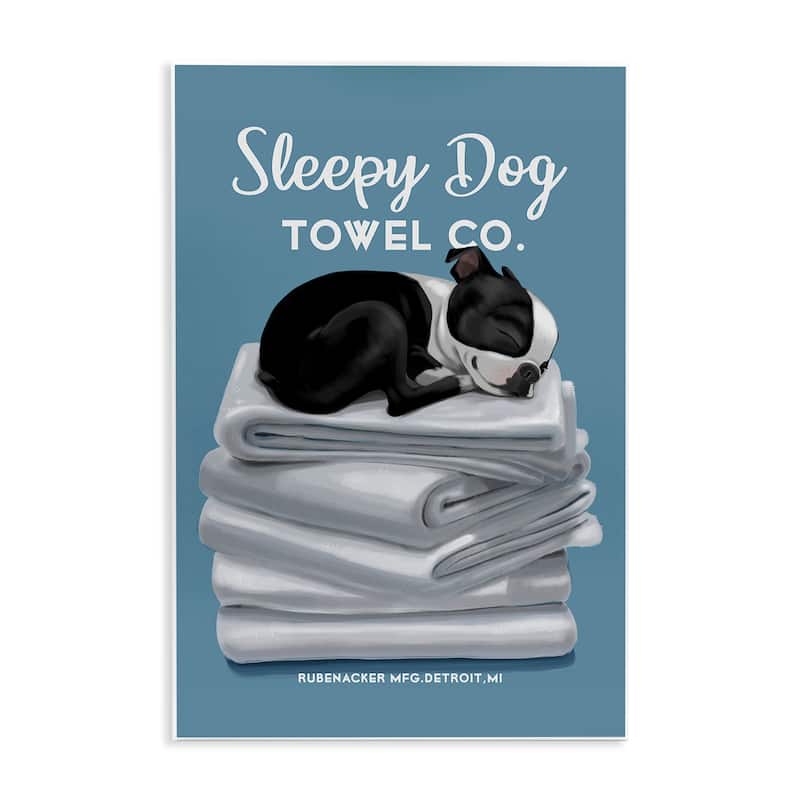 Stupell Sleepy Dog Towel Co. Adorable Boston Terrier Bathroom Wood Wall Art, 10 x 15 - Blue - 10 x 15