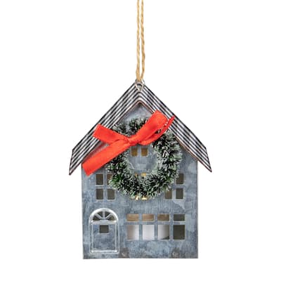 3.5" LED Lighted Galvanized House with Wreath Christmas Ornament