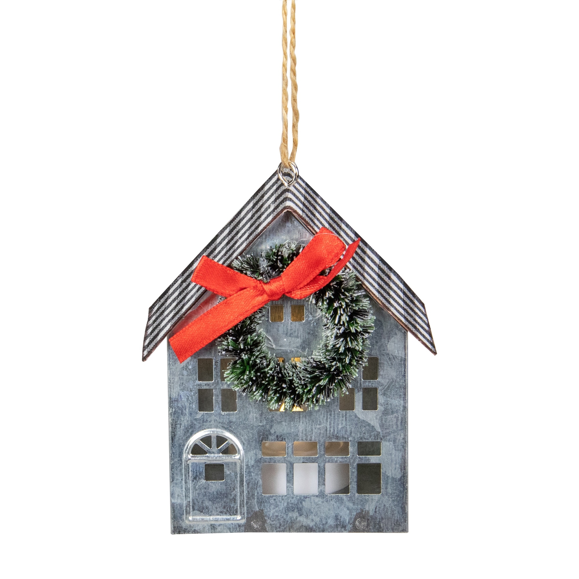 3.5" LED Lighted Galvanized House with Wreath Christmas Ornament