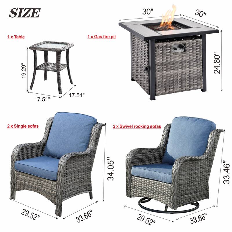 OVIOS Grey Wicker 6-piece Patio Furniture Set Swivel Rocking Chair With Fire Pit