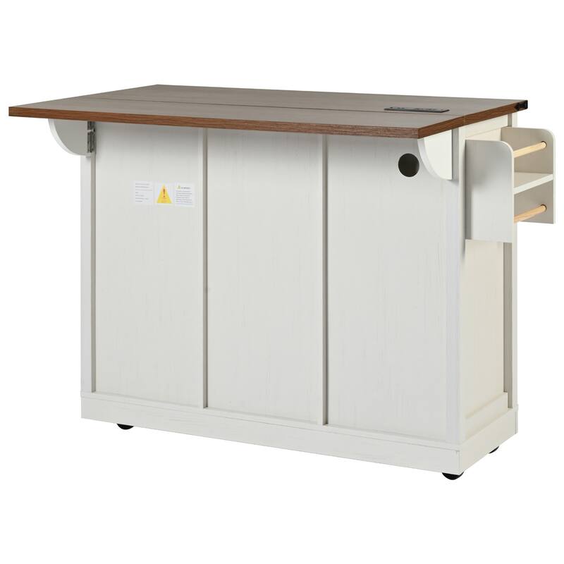 Anmytek 53.7" Farmhouse Rolling Kitchen Island with Power Outlet, Drop Leaf, Sliding Barn Doors, White Storage Cart