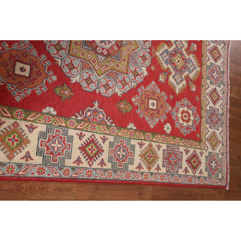 Geometric Kazak Area Rug Handmade Oriental Red Living Room Wool Carpet - 4'11" x 6'8"