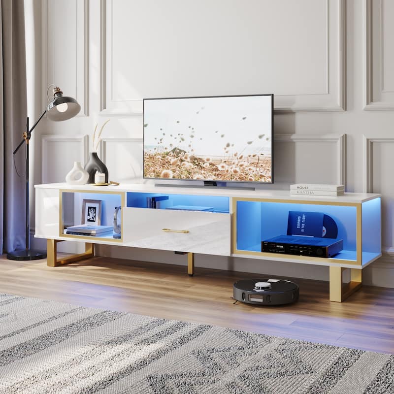 70" Led TV Stand for 75/80 inch TV, Glossy Media Console with Half-Glass Drawer