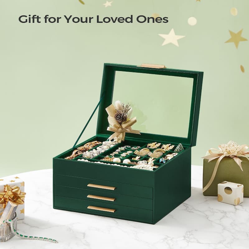 Modern Jewelry Organizer with Multiple Drawers Glass Top and Velvet Interior for Storage