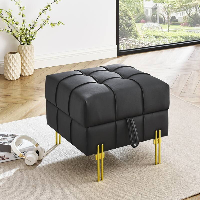 Anti-scratch Leather Storage Ottoman with Golden Stainless Steel Legs - Black PU