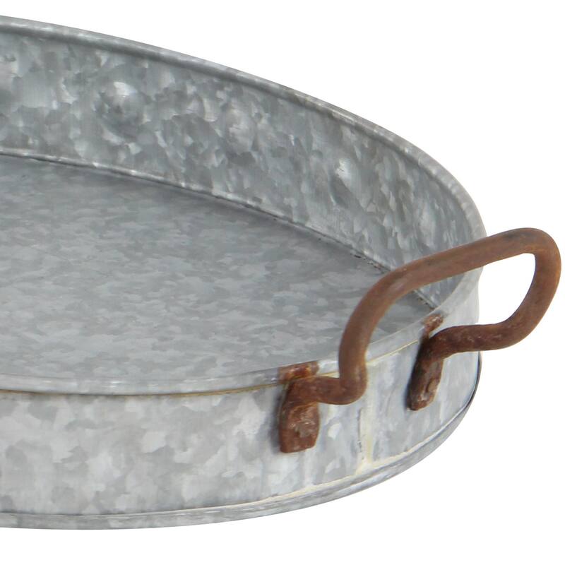 Gray Metal Galvanized Oval Living Room Decor Tray with Rust Handles (Set of 3)
