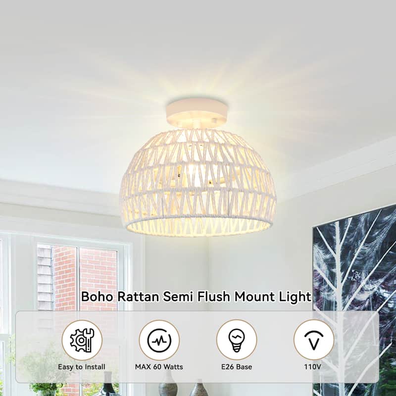 Semi Flush Mount Rattan Light Fixture Woven Ceiling Light Fixture - 2-Light