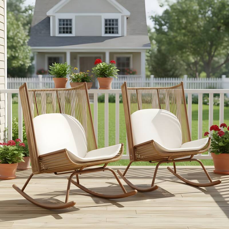 Christopher Knight Home - Modern Outdoor Rocking Chair with PE Rattan and High Back - Brown+Teak - Set of 2