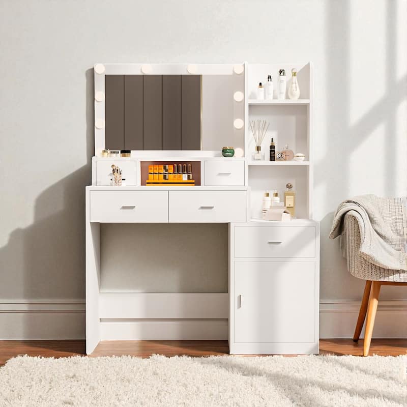 43" Makeup Vanity Desk with Smart LED Mirror, 5 Drawers, Storage Cabinet & Shelves, Dressing Table for Bedroom - White