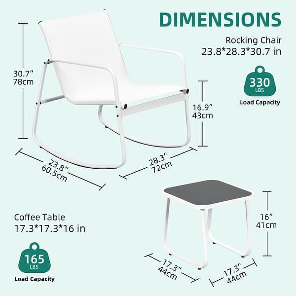 dimension image slide 3 of 4, Moasis 3 Piece Rocking Patio Furniture Bistro Set with Chairs and Glass Table