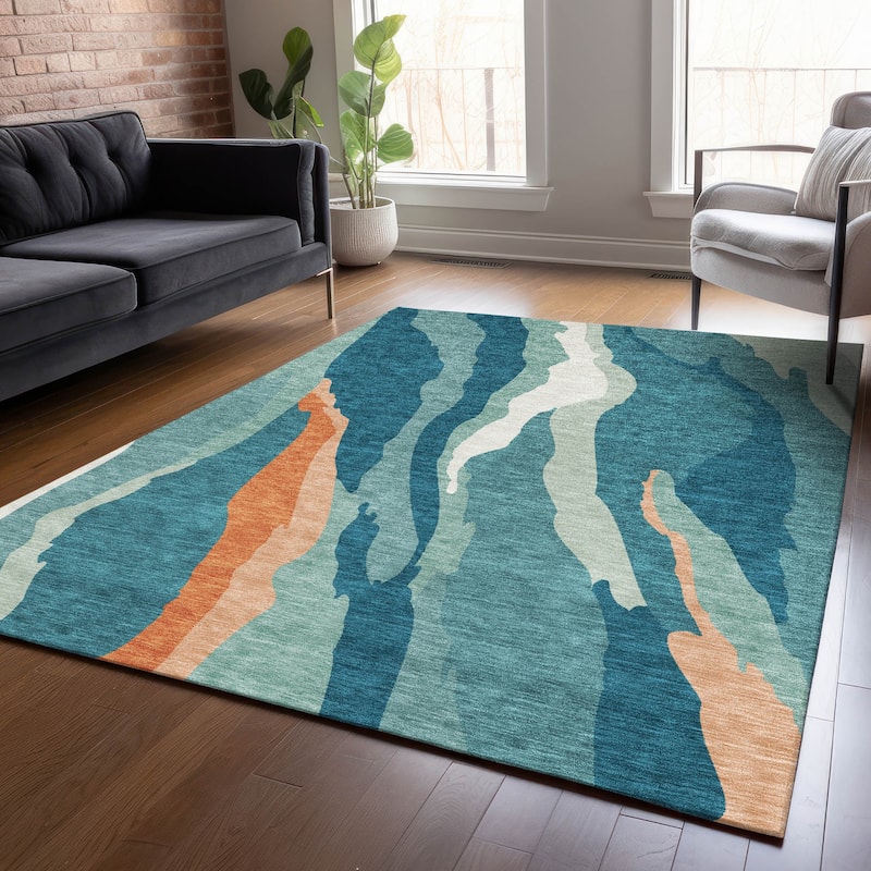 Machine Washable Indoor/ Outdoor Abstract Contemporary Chantille Rug - Teal - 3' x 5'