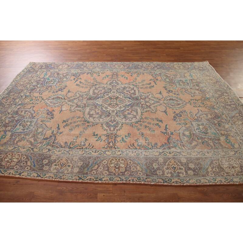 Distressed Tabriz Persian Vintage Rug Handmade Bedroom Wool Carpet - 6'5" x 9'3"