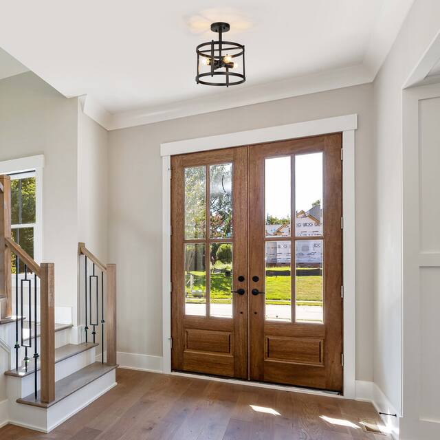 Raretta Modern Black 4-Light Metal Drum Farmhouse Lantern Semi-flush Ceiling Light for hallway - W11.8"xH13.2"