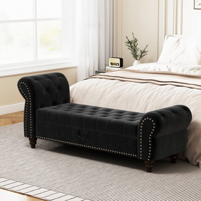 Luxury Storage Chaise Tufted Velvet Chaise Lounge with Storage - Black