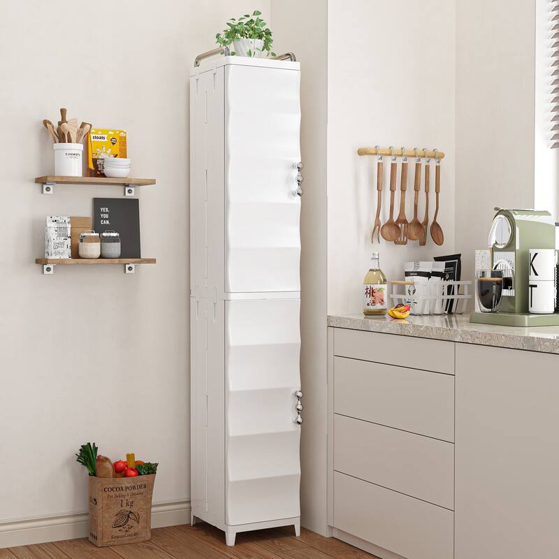 VECELO White Waterproof Plastic Bathroom Storage Cabinet with Adjustable Shelves Space Saving Narrow Cabinet with Handles