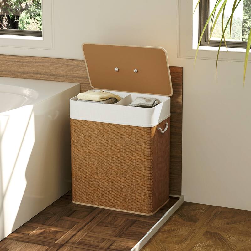 HOMCOM Double Laundry Basket with Lid, 26.4 Gallon Bamboo Laundry Hamper with Rope Handles, Clothes Hamper with Removable Liner