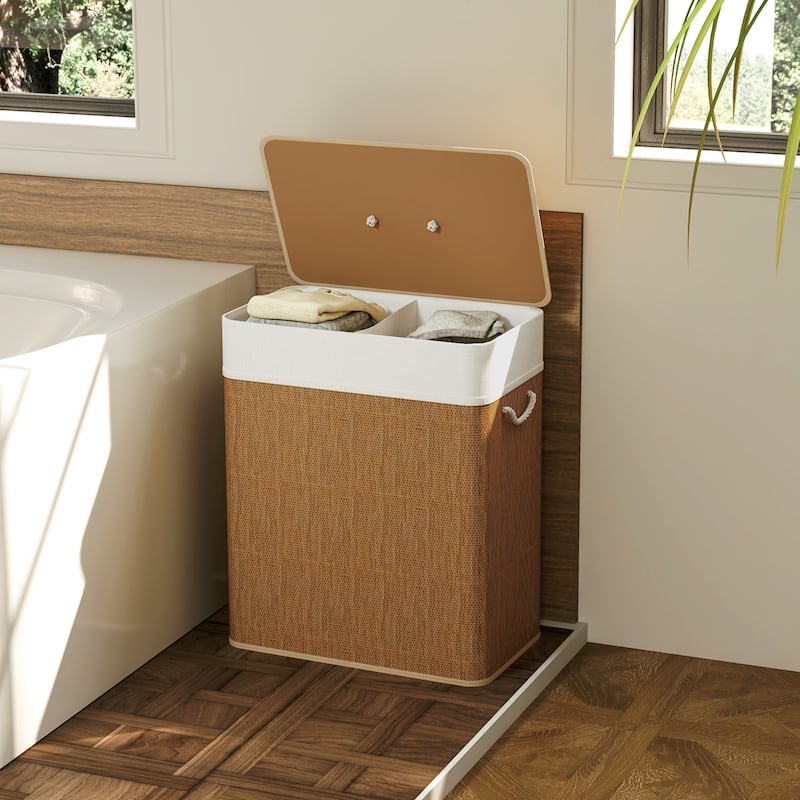Premium Dual Compartment Laundry Basket Bamboo with Metal Frame 26 Gallon Portable Detachable Washable Bags