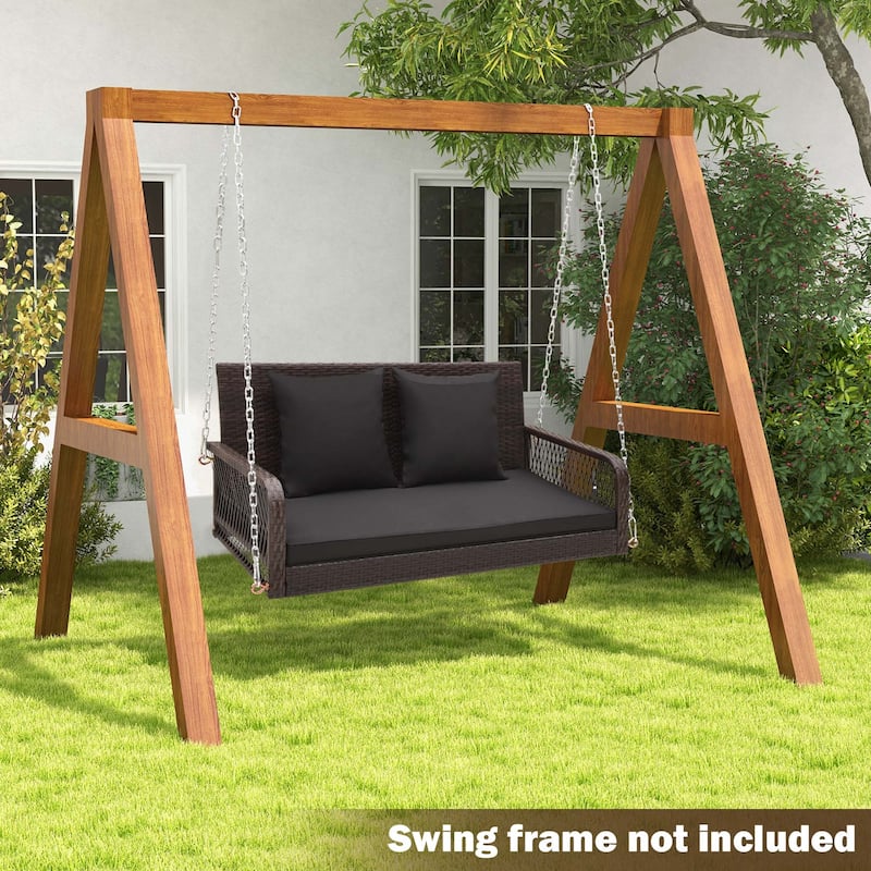 Patio Wicker Porch Swing 2-Person Hanging Loveseat Bench w/ Cushions