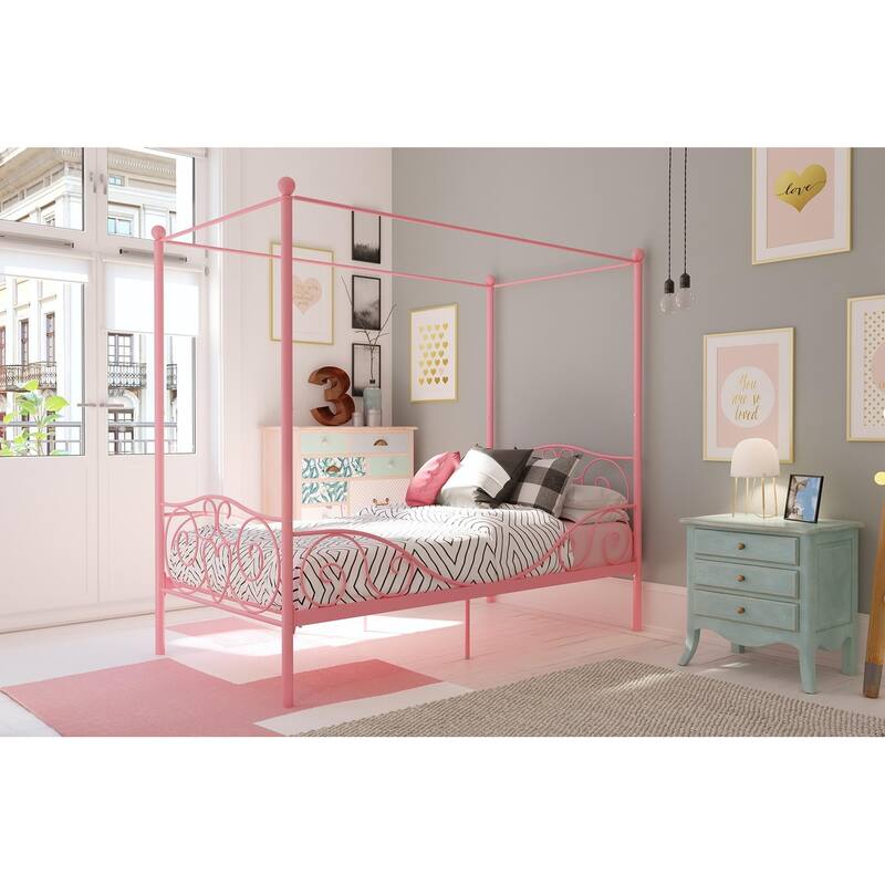 Whimsical Heart-Design Canopy Metal Bed with Slat Support System