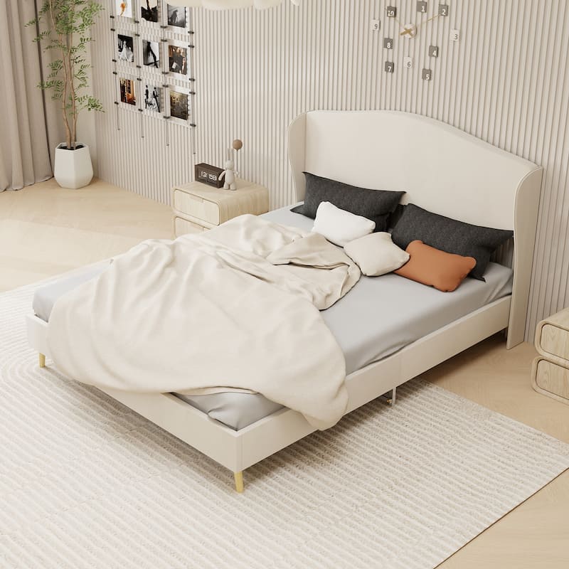 Queen Beige Upholstered Platform Bed Frame with Headboard for Bedroom