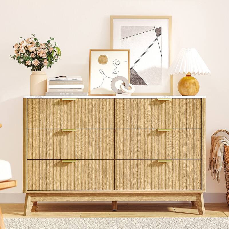 47" Wooden Buffet Cabinet With Faux Marble Top & Fluted Chest Of Drawers With Curved Edges - Natural