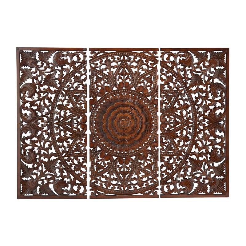 Wooden Handmade Intricately Carved Floral Wall Decor with Mandala Design (Set of 3) - Brown or White