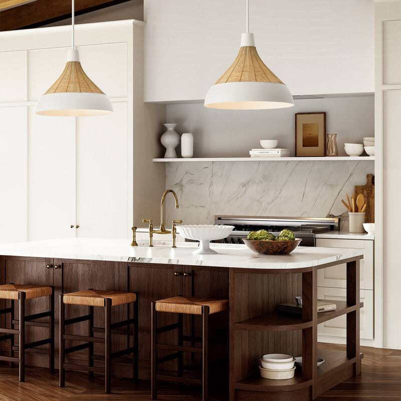 1-Light Boho Pendant in Matte White with Handcrafted Natural Rattan