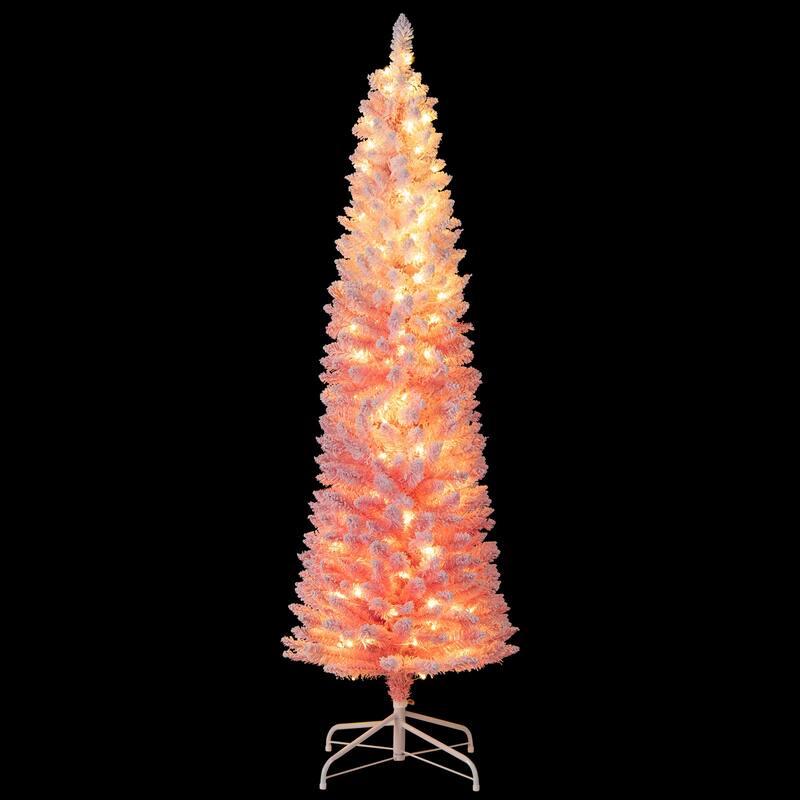 Pink Slim Christmas Tree with LED Lights and Snow-Flocked PVC Branches Included Metal Stand and Gloves