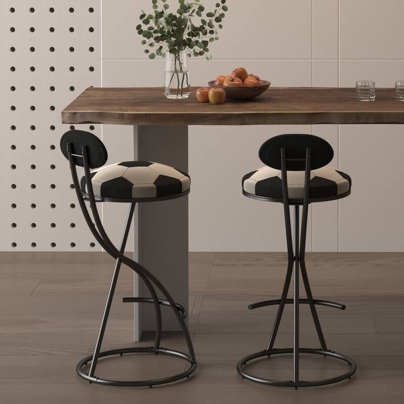 Football Print Bar Stools Set of 2 Upholstered Counter Height Barstool for Kitchen Island S-shaped Velvet Metal Dining Chairs