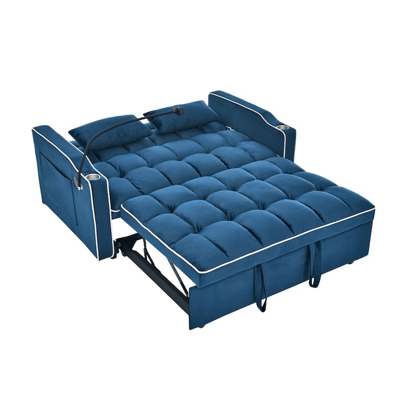 55.51"Foldable Sofa Bed,Modern Sofa Velvet Pull-out Bed,Adjustable Back and with USB Port and Ashtray and Swivel Phone Stand