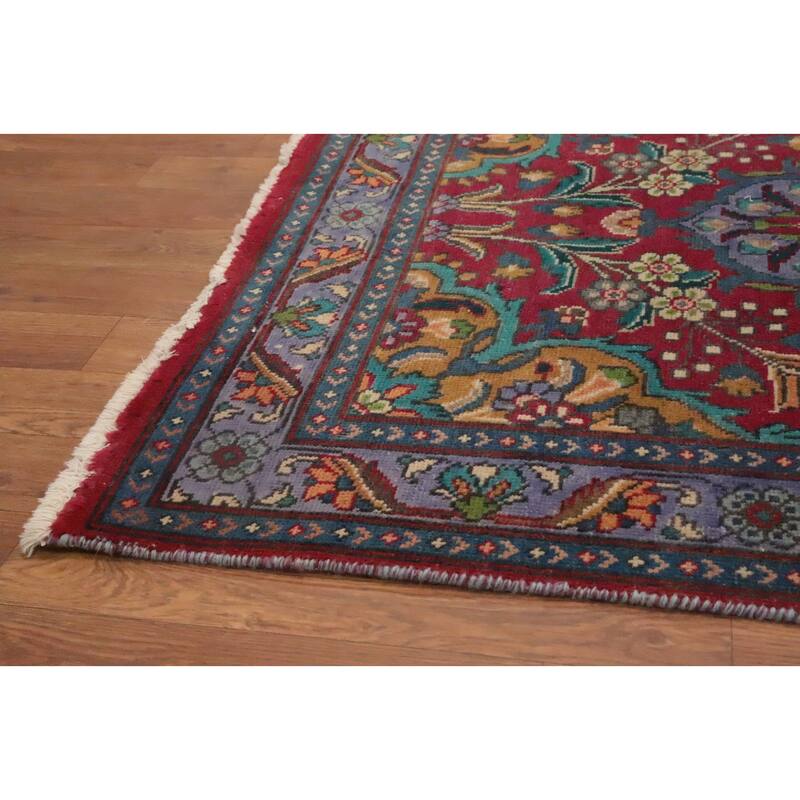 Hand Knotted Oriental 100% Wool Carpet Traditional Floral Red Tabriz Runner Rug - 11' 1'' X 3' 1''