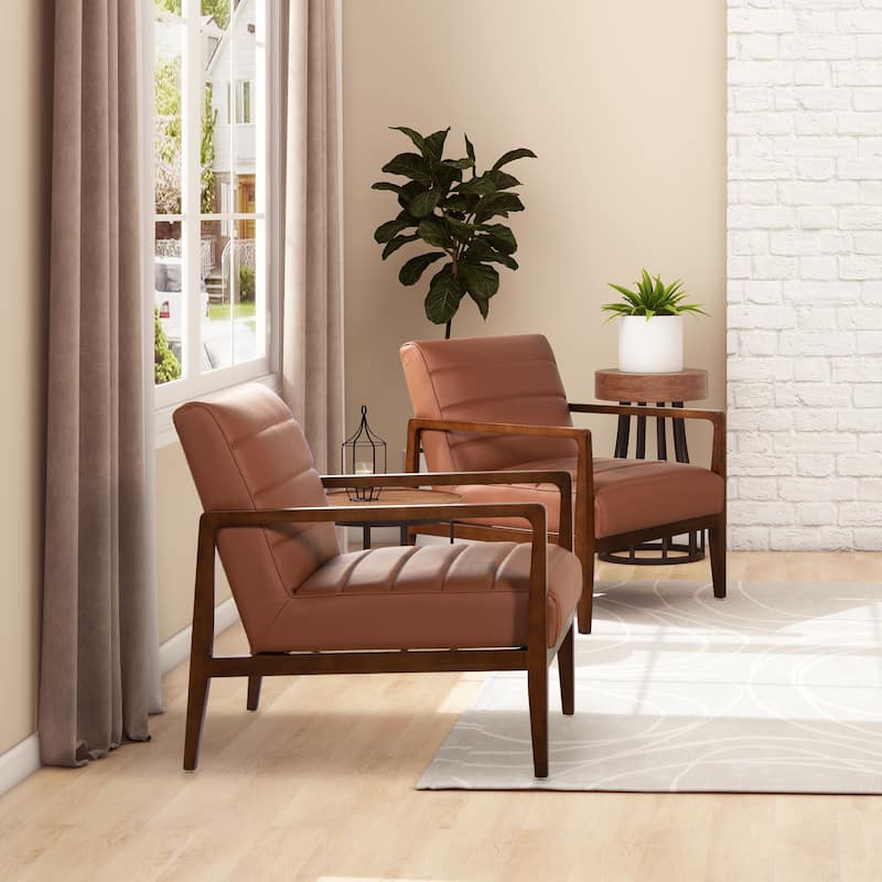 Kenneth 28" Mid-Century Modern Top Grain Leather Wood Arm Accent Chair - Seat of 2 - Brown Leather